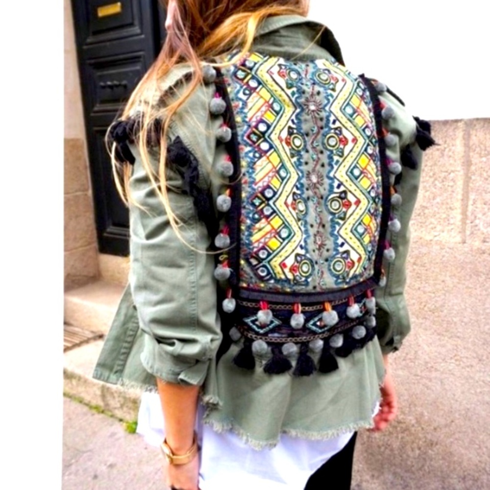 Zara Pom Pom army green jacket